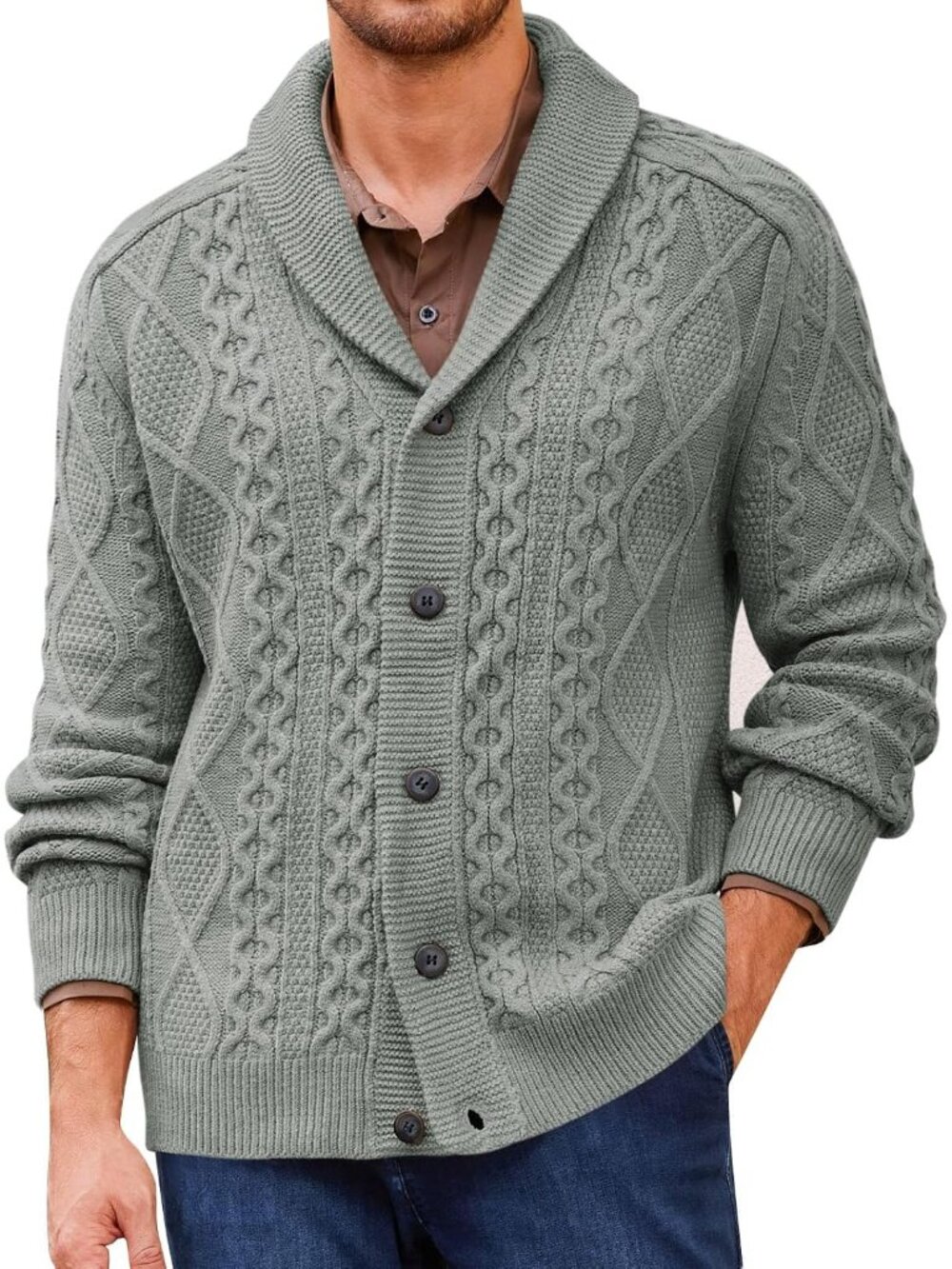 🆕Men's Grey Chunky Knit Cardigan Sweater Shawl Collar Button Up Outerwear